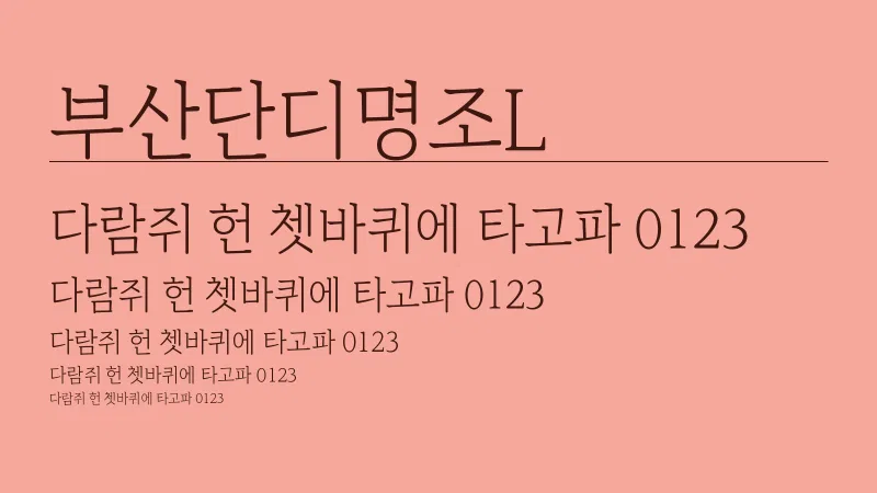 부산단디명조L 글자 견본 예시