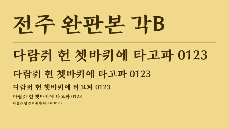 전주 완판본 각B 글자 견본 예시